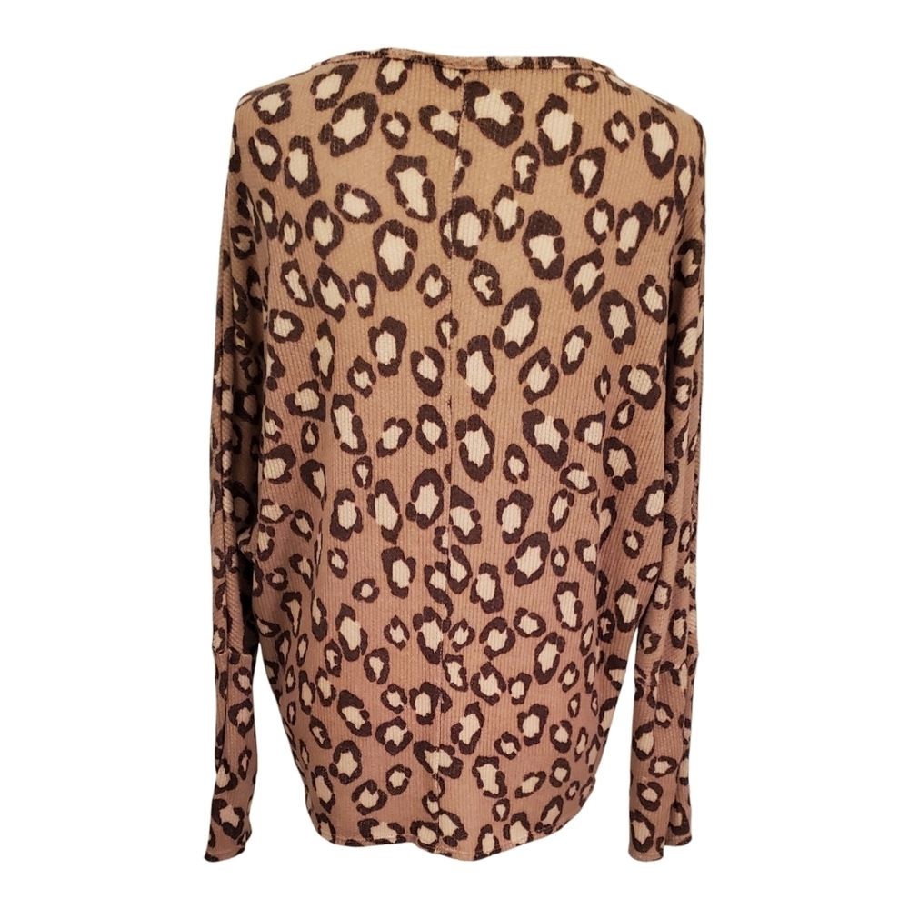 Bombom Leopard Print Brown And Tan Long Raglan Sleeve Waffle Knit Top Size L - Picture 3 of 7